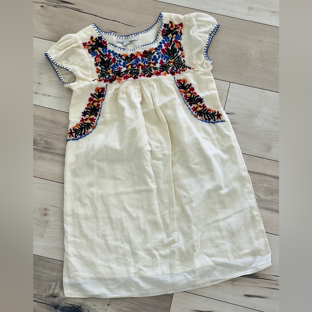 Mexican Embroidered Dress - Cream with Multicolor Accents